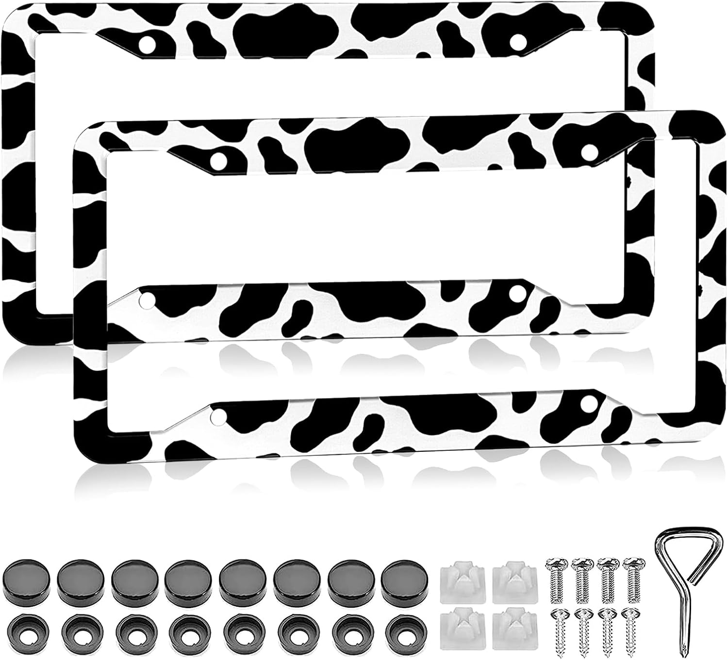 Cow Print License Plate Frame - 2 Pack Cute Animal Cow White Black Spot Tags Frames Holder Covers, Car Decorative Tag Frames for Standard US Canada License Plate Holder 4 Holes 12x6 Inch