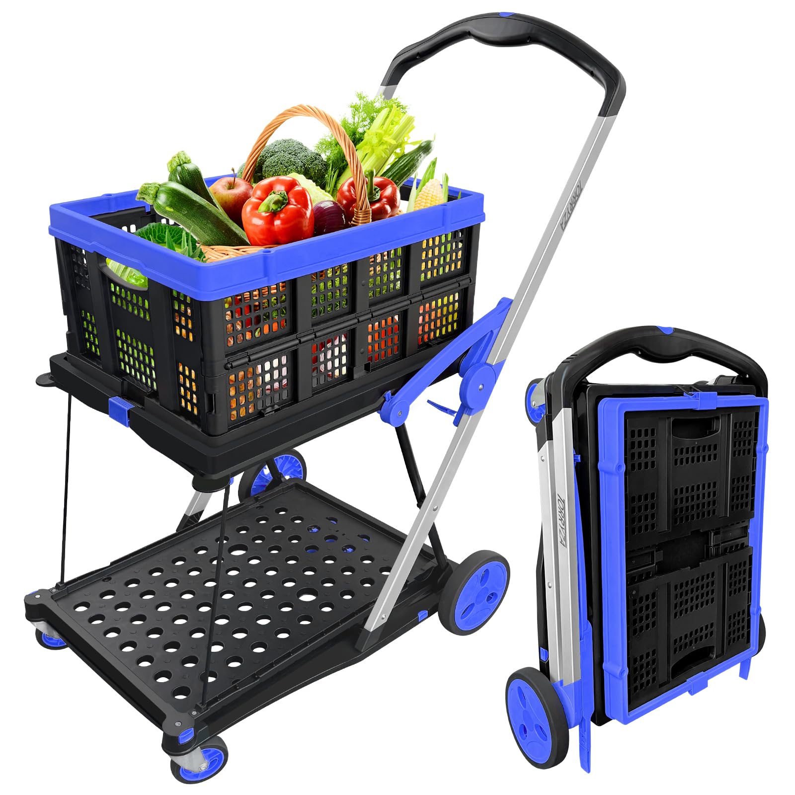 TORRYZA Folding Shopping Cart, Multi-Use Portable Collapsible Carts,360°Swivel Wheels, Errand Day Cart Utility Cart with Storage Crate,Shopping Carts for Groceries,Luggage,Travel,House,Office - Blue
