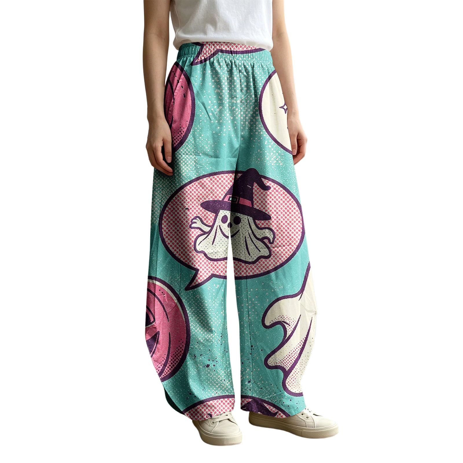 Generisch Pantalon d'été pour femme, léger et aéré, avec imprimé Halloween, carnaval, loisirs, avec poches, pantalon en tissu confortable, taille élastique, pantalon de plage ample pour vacances