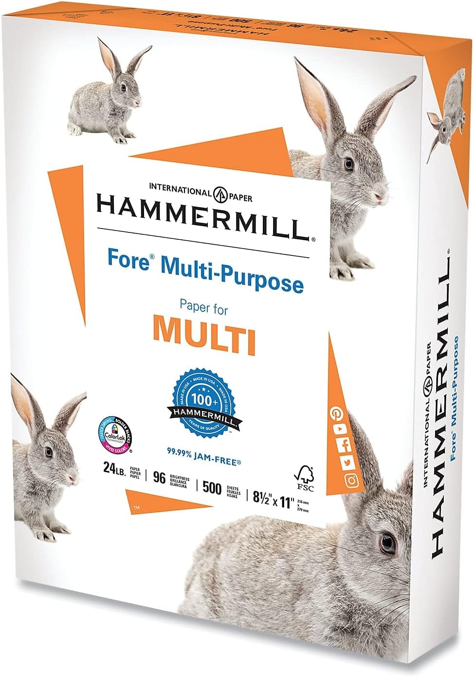 Product image of Hammermill Printer Paper, Fore Multipurpose 24 lb Copy Paper, 8.5 x 11 - 1 Ream (500 Sheets) - 96 Bright, Made in the USA, 103283R