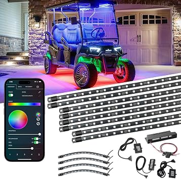 LEDGlow 12pc Bluetooth Million Color LED 6-Seater Golf Cart Underglow Accent Neon Lighting Kit with Canopy & Wheel Well Lights - Smartphone App - Fits 12-Volt Powered Stretch Limo Golf Carts