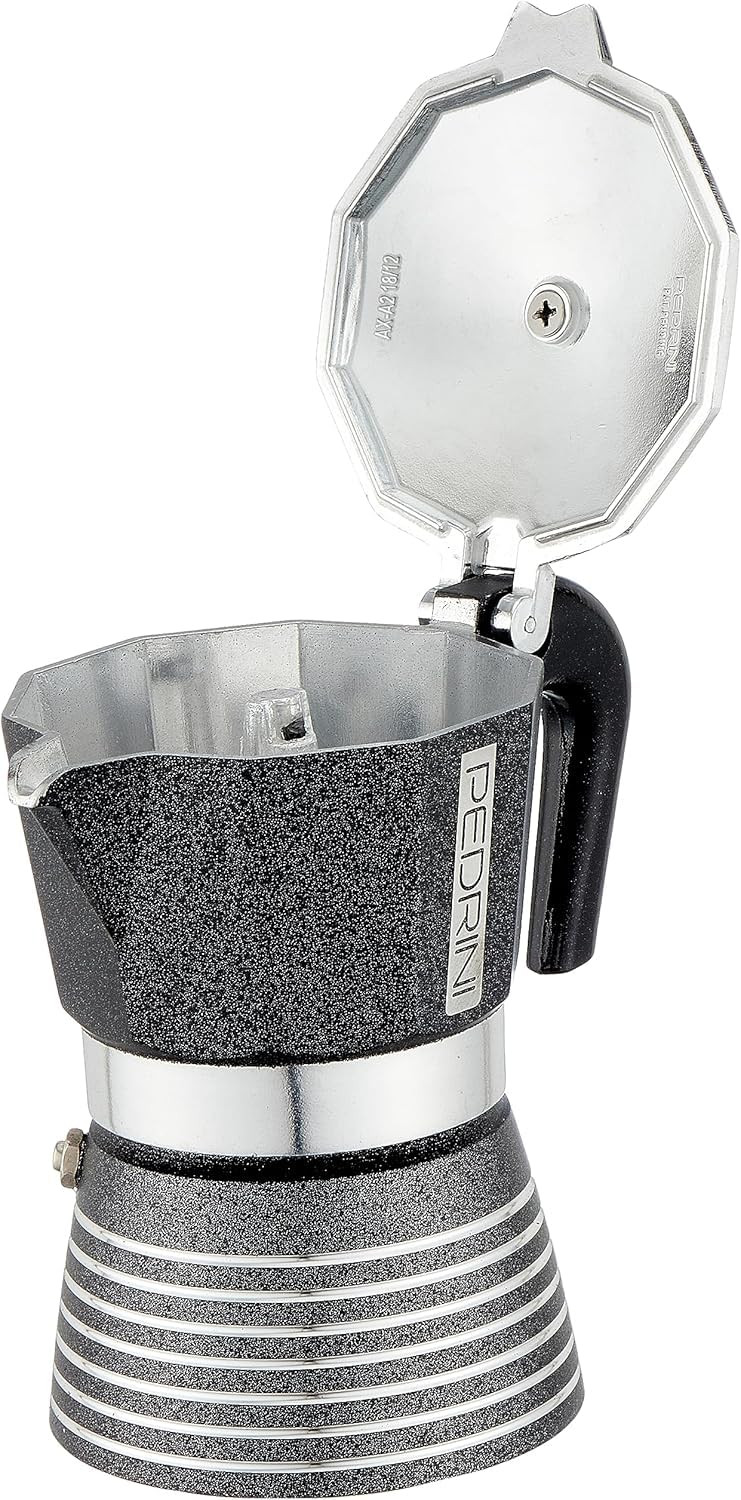 PEDRINI- Italy, Infinity Moka Pot 3 Cup Coffee Maker/Mocha Pot/Coffee Filter, Aluminium, Italian Made (Dark Grey Glitter/Rock Black, 3 Cup)