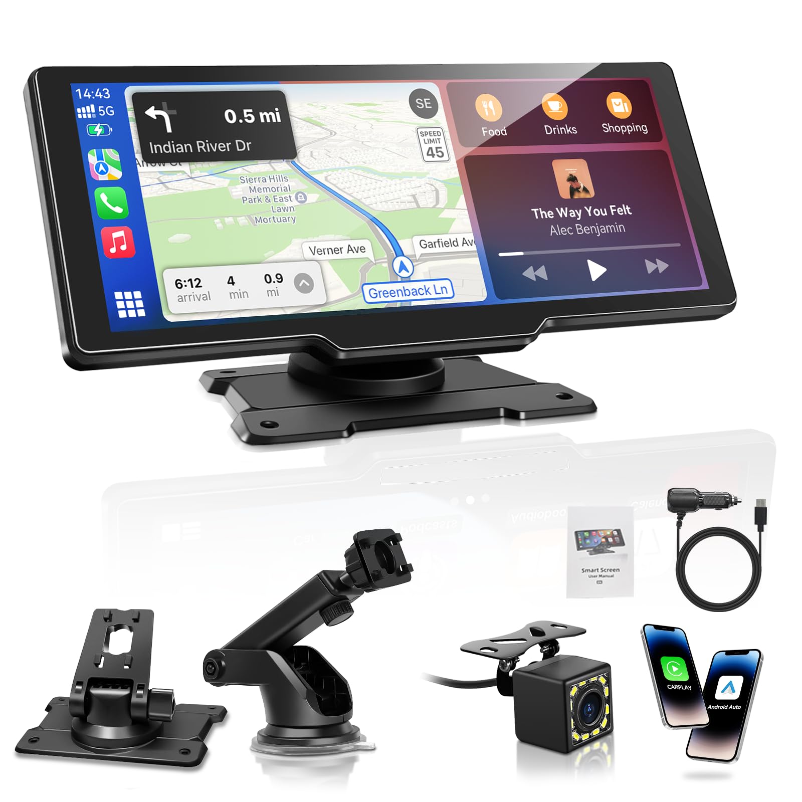 Pantalla Carplay Coche para A-pple & Android Auto, 11" Carplay Coche con Pantalla táctil, Cámara Trasera 1080p, OTA-Updates, Bluetooth, GPS, Super Link, FM, AUX, Siri de Voz