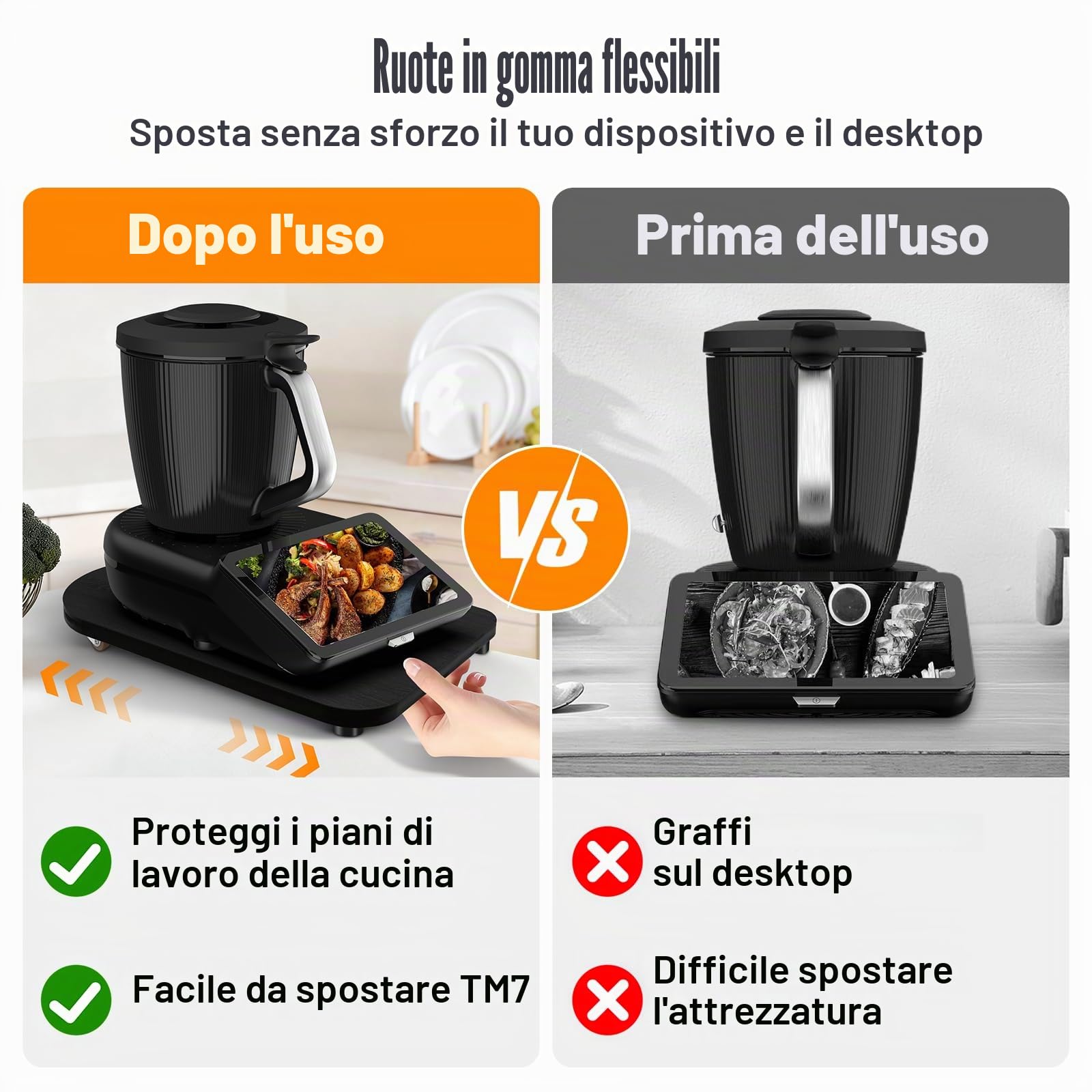 Tavola scorrevole in legno per Bimby TM7, con ruote a 360° e tappo, spostamento senza sforzo del robot da cucina, piedini in gomma antiscivolo per supporto sicuro, accessori TM7 di alta qualità