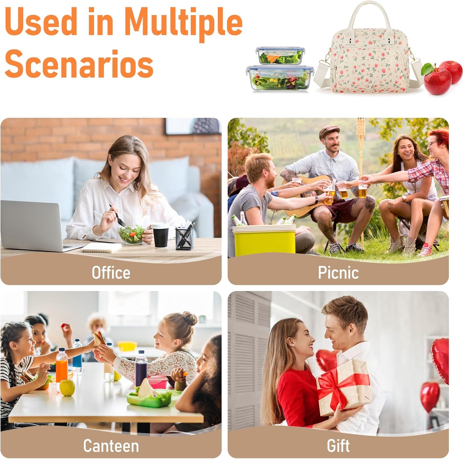 Lunch Bag Large Insulated Lunch Box for Women Men Adult Cute Pink Floral Lunchbox Corduroy Lunch Bags Boxes Pail with Shoulder Strap for Work Mom Picnic Office Travel 11.4×6.8×9.1 inches 11.5L Beige - Image 7