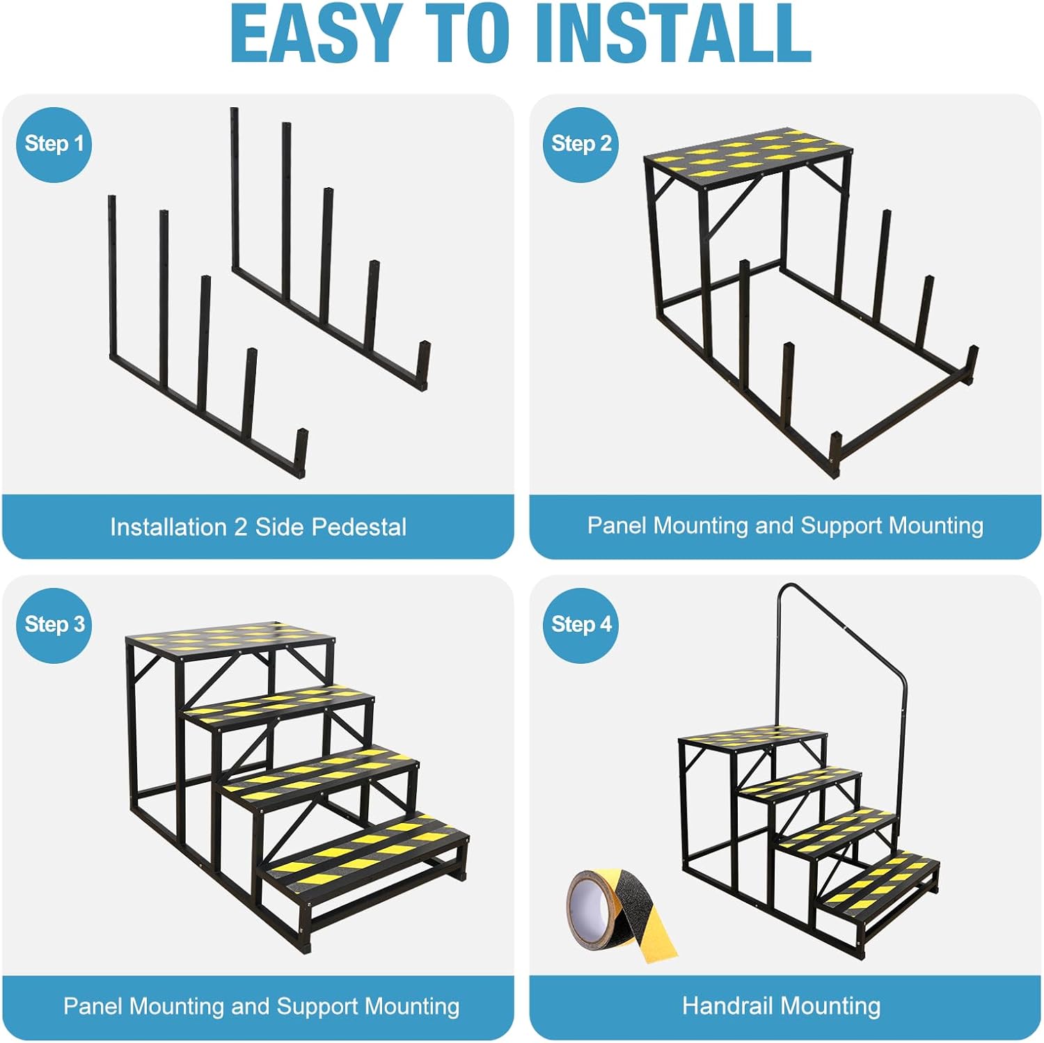 RV Steps with Handrail, 4 Step Mobile Home Stairs, Camper Steps 400 LBS Load Capacity, Heavy Duty RV Stairs for Camper/Porch/SPA Pool/Pet Stairs, Portable Stairs with Non-Skid Tapes