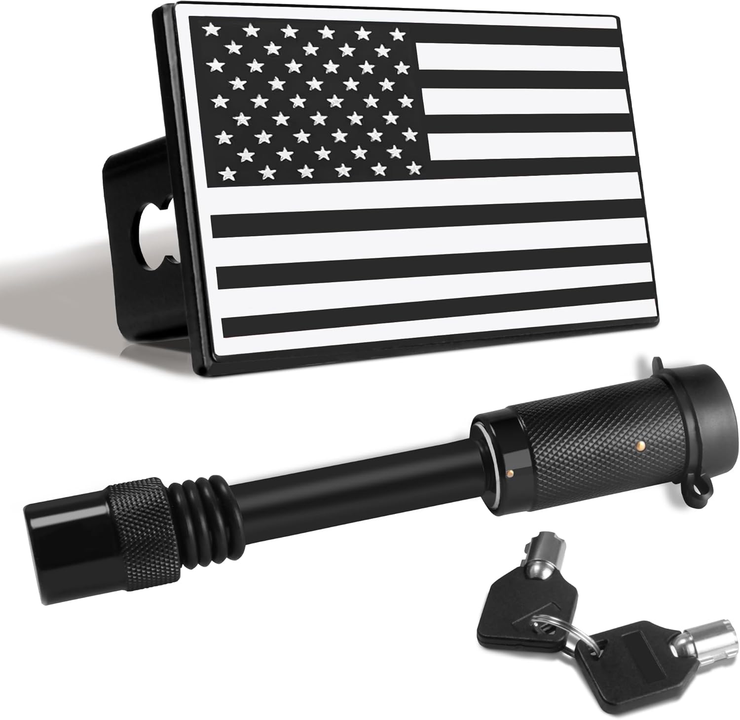 2 Inch USA Flag Metal Trailer Hitch Cover with 5/8 Inch Pin Diameter Trailer Hitch Lock, Durable Tow Hitch Cover for Trucks, Heavy Duty, UV Resistant & Waterproof, Silver