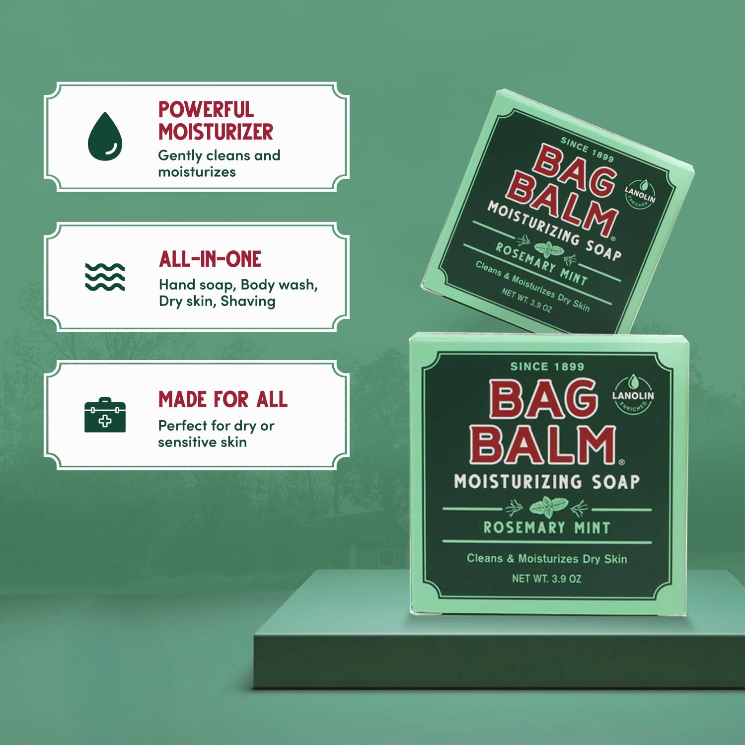 Bag Balm Vermont's Original Mega Moisturizing Soap Bar, Body Soap, Hand Soap for Dry Skin - Rosemary Mint Scented Bars of Soap - 3.9oz, 12 Pack