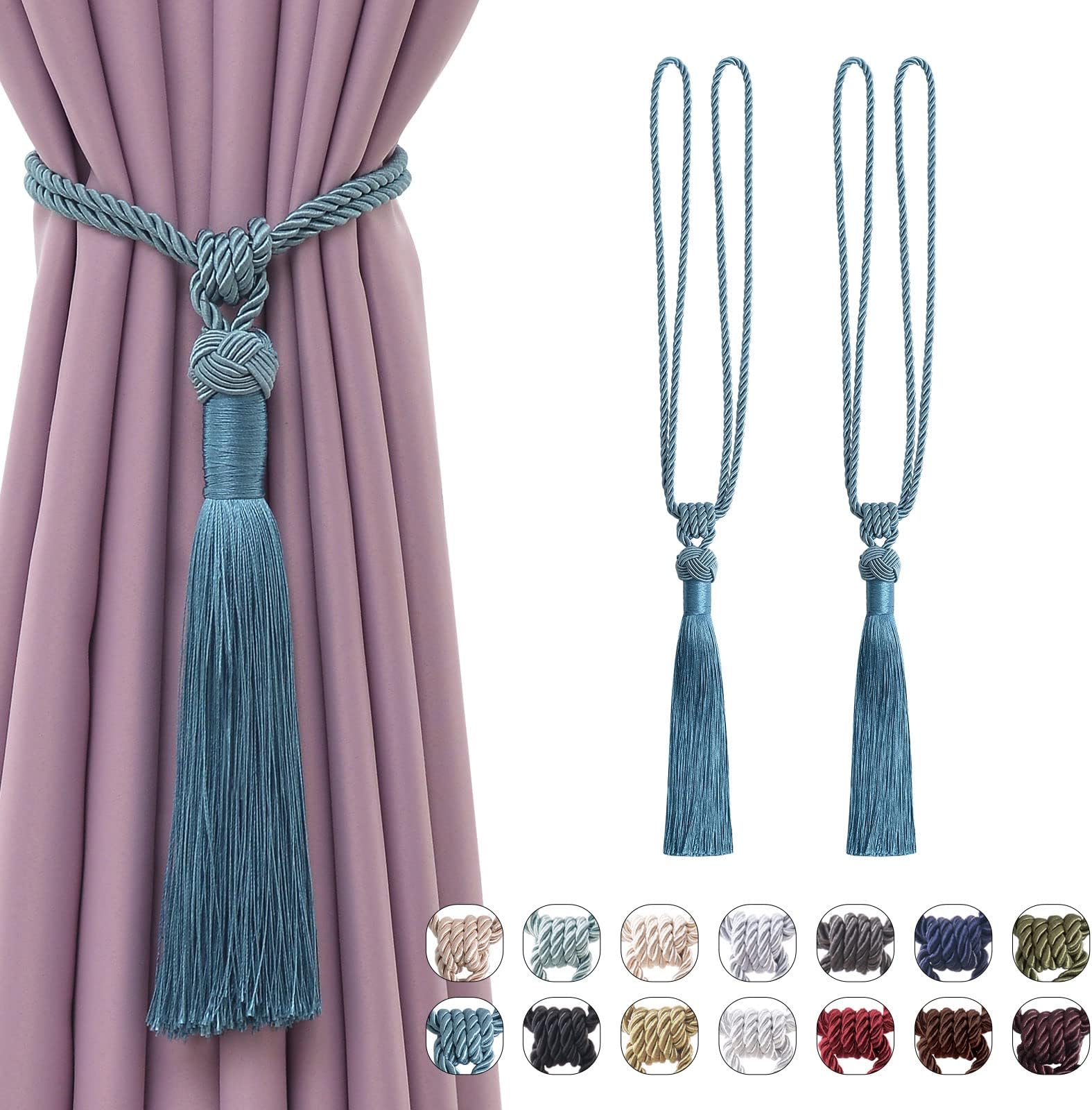 Pretty Jolly 2 Pack Long Tassel Curtain Tiebacks Handmade Braided Rope Knot Drape Tie Backs European Style Decorative Curtain Holdbacks for Home & Office Window Drapery (Teal)