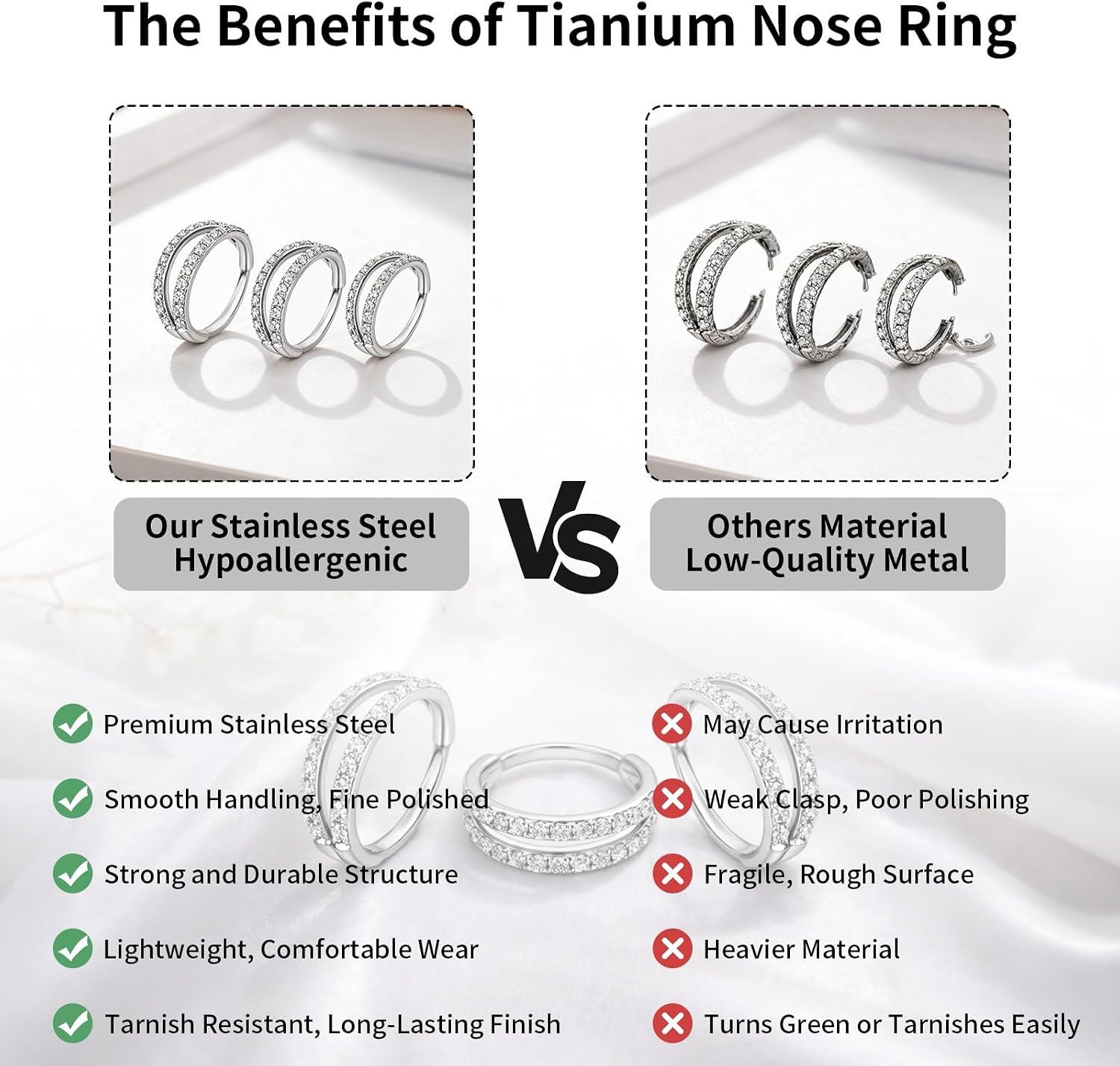 20/16G CZ Hinged Nose Rings Hoop, 316L Surgical Stainless Steel Cartilage Earring, Septum Clicker Ring, Daith Helix Rook Tragus Conch Lip Lobe Piercing Jewelry
