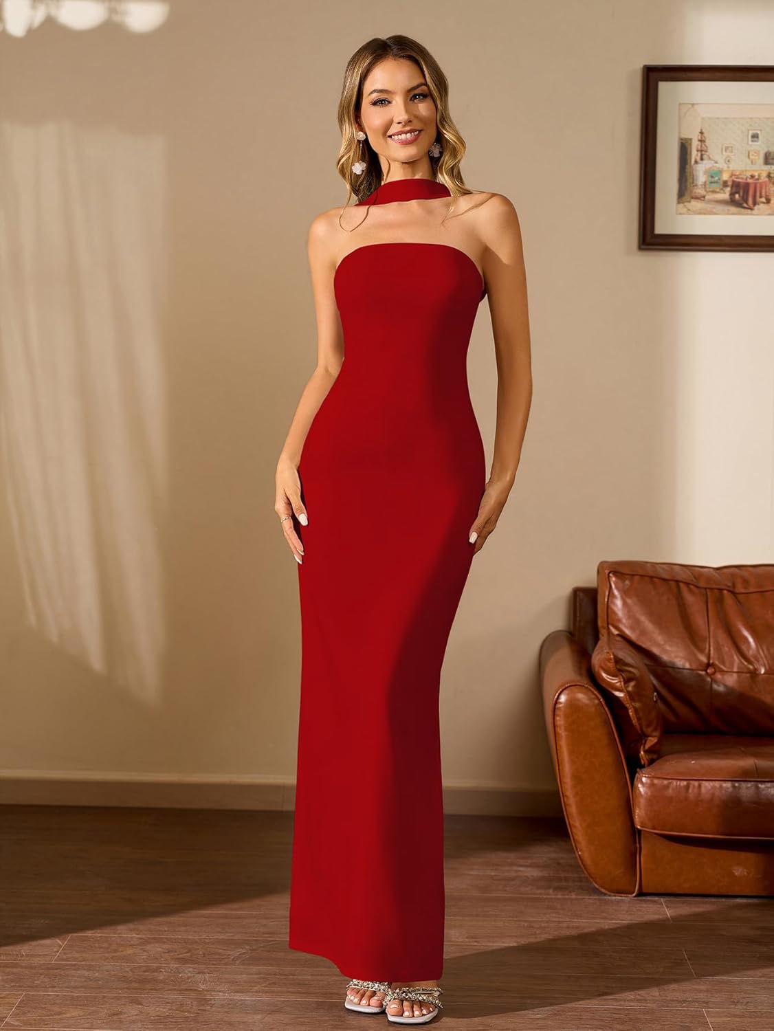 HTZMO Women Elegant Summer Bodycon Maxi Dress Halter Neck Formal Wedding Guest Cocktail Party Long Dresses - Image 6