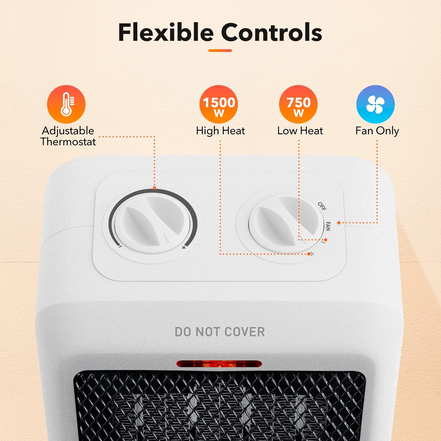 Nahoru view of the Brightown PTC-1901 heater showing two rotary dials for adjustable thermostat and three mode settings (Off, Fan, Low Heat, High Heat).