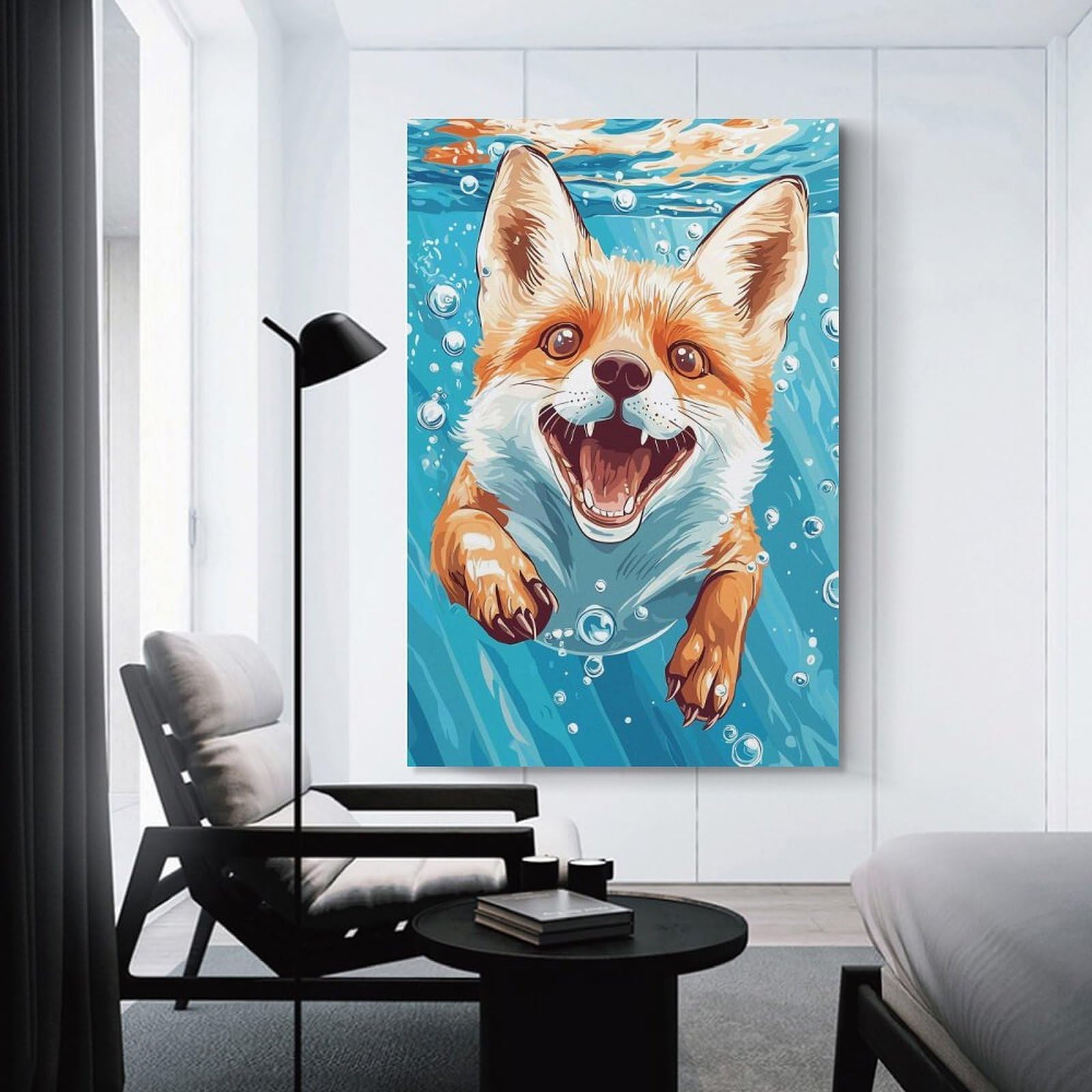 Junmoney Home Decor Wall Art Happy Fox Swimming Underwater Illustration, 12x18inch(30x45cm), for New Homes, Bedrooms Or Workspaces, Home Decor Gift with Stylish Appeal