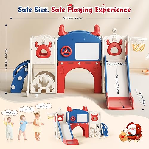 Vista 24 de Tobogán interior para niños pequeños, 8 en 1, para niños de 1 a 3 años, juego con escalador, aro de baloncesto, túnel y espacio de almacenamiento