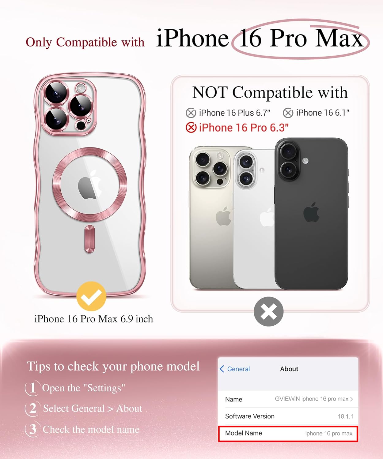 GVIEWIN for iPhone 16 Pro Max Case Compatible with MagSafe, Upgraded [Full Camera Protection][Cute Wave Frame][Military Grade Protection] Electroplated Soft Phone Cover for Women Girl, Clear/Pink