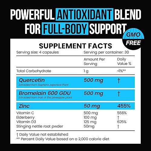 Miniatura 2 de Cápsulas de quercetina con bromelina de 500 mg, apoya la respuesta inmunológica, la comodidad de las articulaciones y el bienestar general