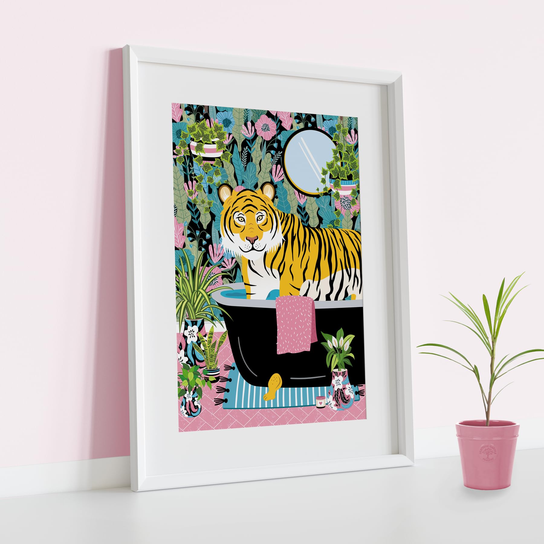 Parmaro Tiger in Bath A4 UNFRAMED Print, Animal on Toilet, Tropical Bathroom Decor, Pink Black Yellow, 29.7L x 21W cm - Image 4