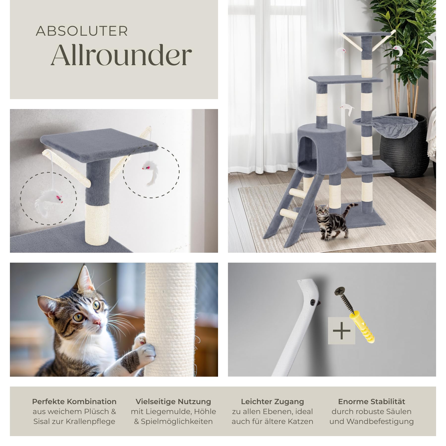 Tectake Kratzbaum für Katzen - Mittelgroßer Kletterbaum mit Sisalstangen, Hohl und Treppe - Katzenhaus 144 cm Hoch - Grau
