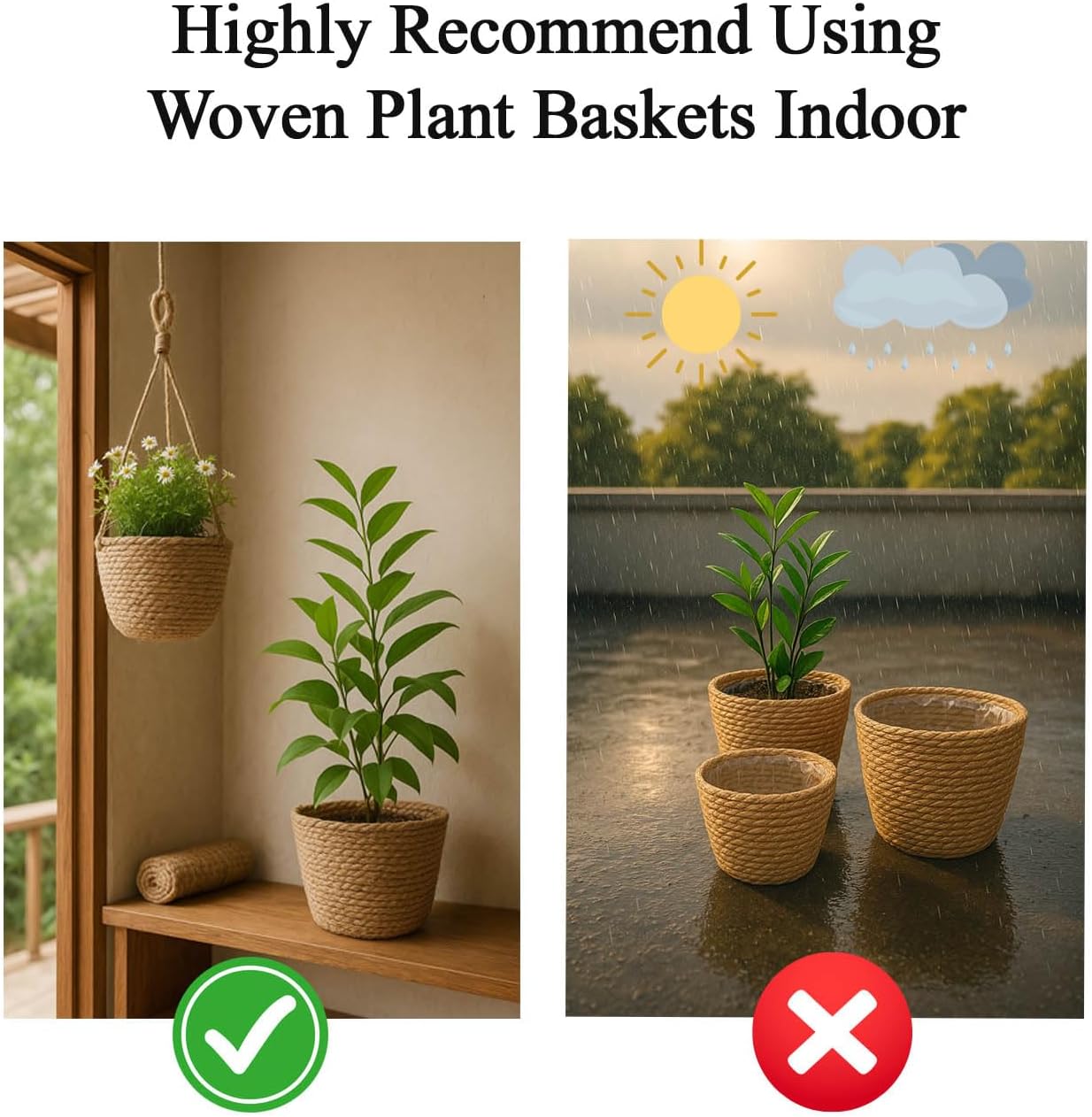 Laquedecraft Woven Seagrass Plant Basket Without Handles | Decorative Planter for Small-Space Living or Natural Home Styling | Perfect for Living Room, Balcony, Patio, Kitchen or Gadren (Set of 3)