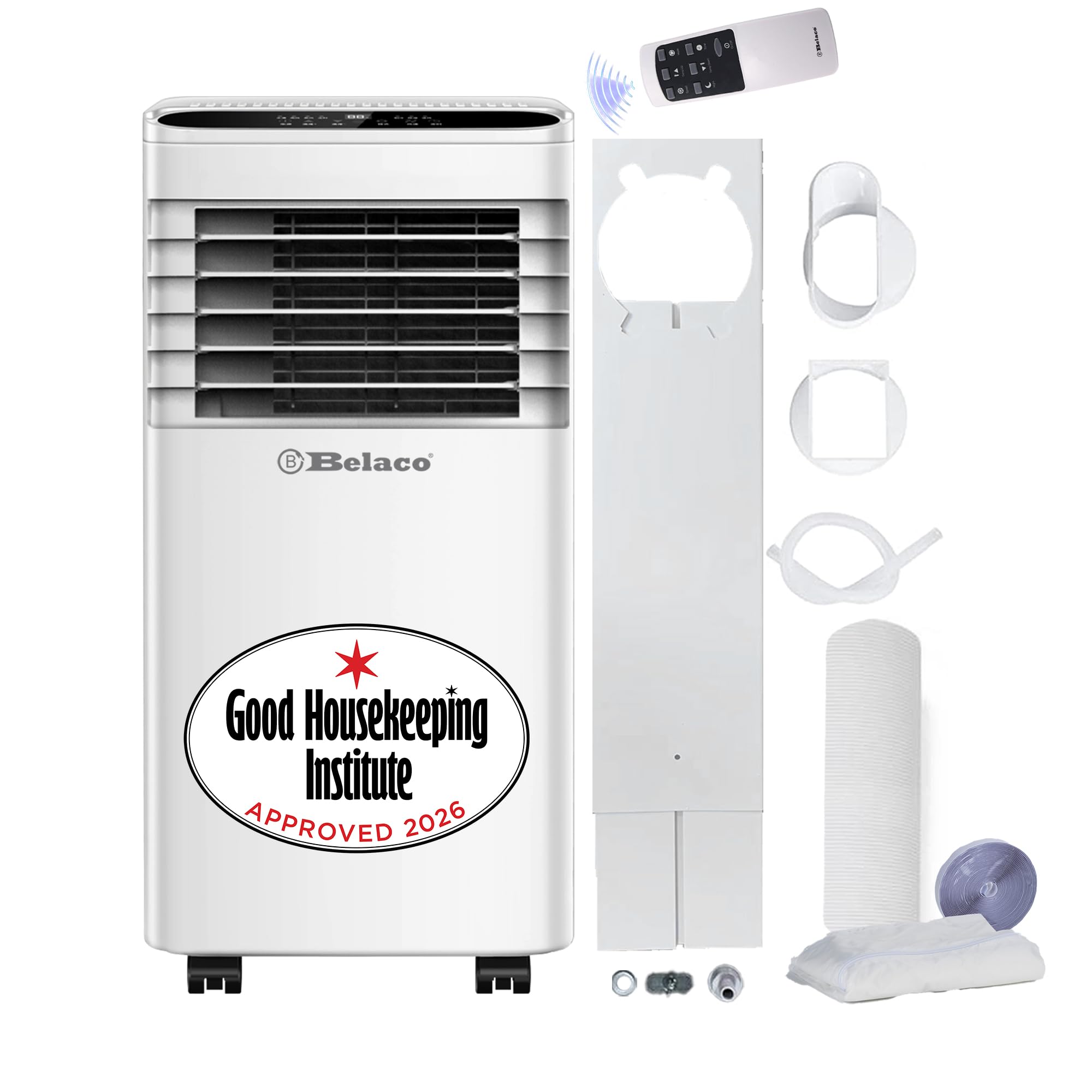 Belaco White Air Conditioning Unit, 9000 Btu Portable Air Conditioner With Dehumidifier & Fan Function, Remote Control & Dual Window Installation Kit & Seal Included, 24 Hour Timer With 28L Dehumidification