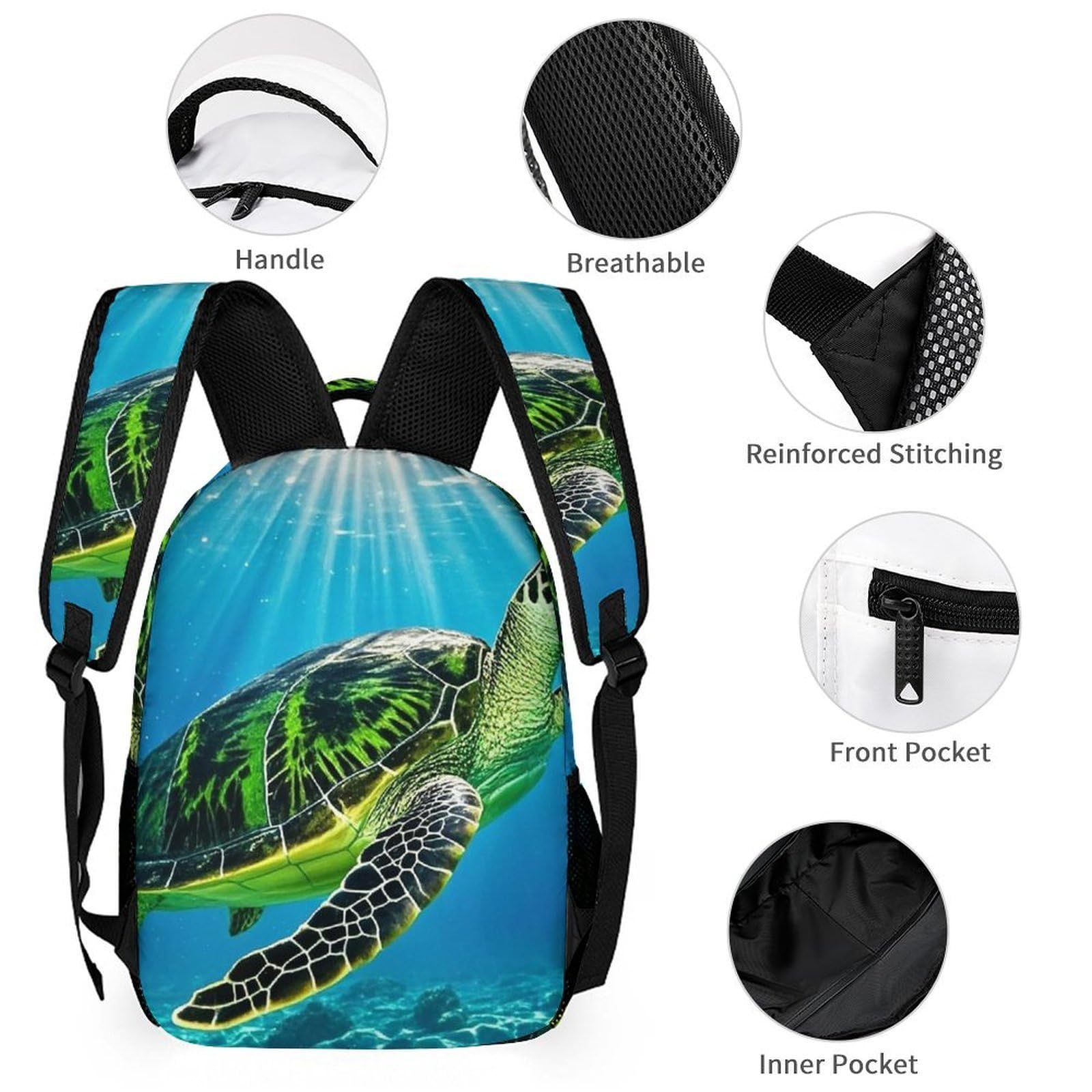 Set di 3 zaini con tartaruga che nuota nel mare, zaino resistente, borsa termica per il pranzo, astuccio portatile per uomini e donne