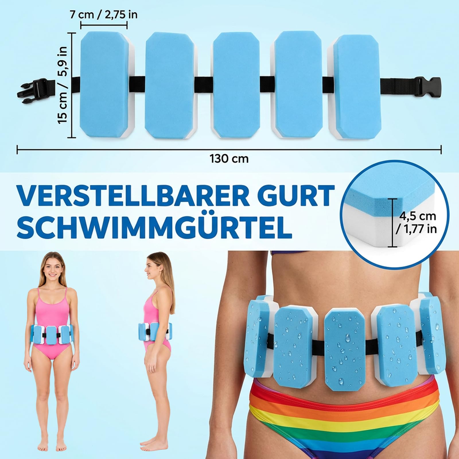1 Stück Schwimmgürtel, Verstellbare Schwimmhilfe für Erwachsene, 5 Eva Schwimmkissen, Blaue und Weiße Schwimmgürtel, Ideal für Schwimmunterricht und Freizeitaktivitäten im Wasser