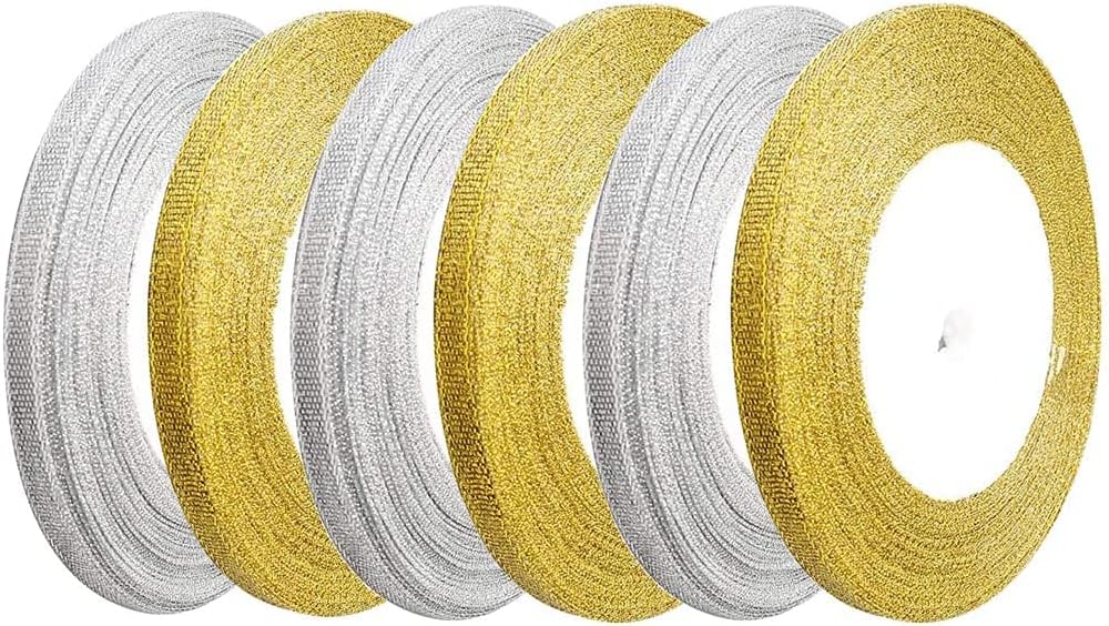 Bells and Whistles Silver and Gold Christmas Ribbon, Glitter Organza Ribbon Wrapping Satin Ribbons for Gift Decorations DIY Crafts(6 Ribbons 3 Colors Each)