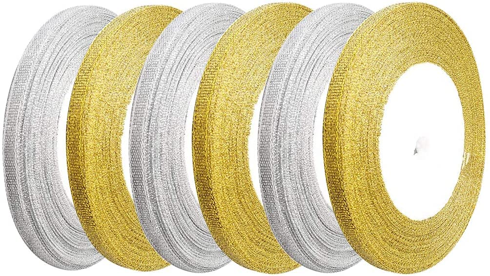 Bells and Whistles Silver and Gold Christmas Ribbon, Glitter Organza Ribbon Wrapping Satin Ribbons for Gift Decorations DIY Crafts(6 Ribbons 3 Colors Each)