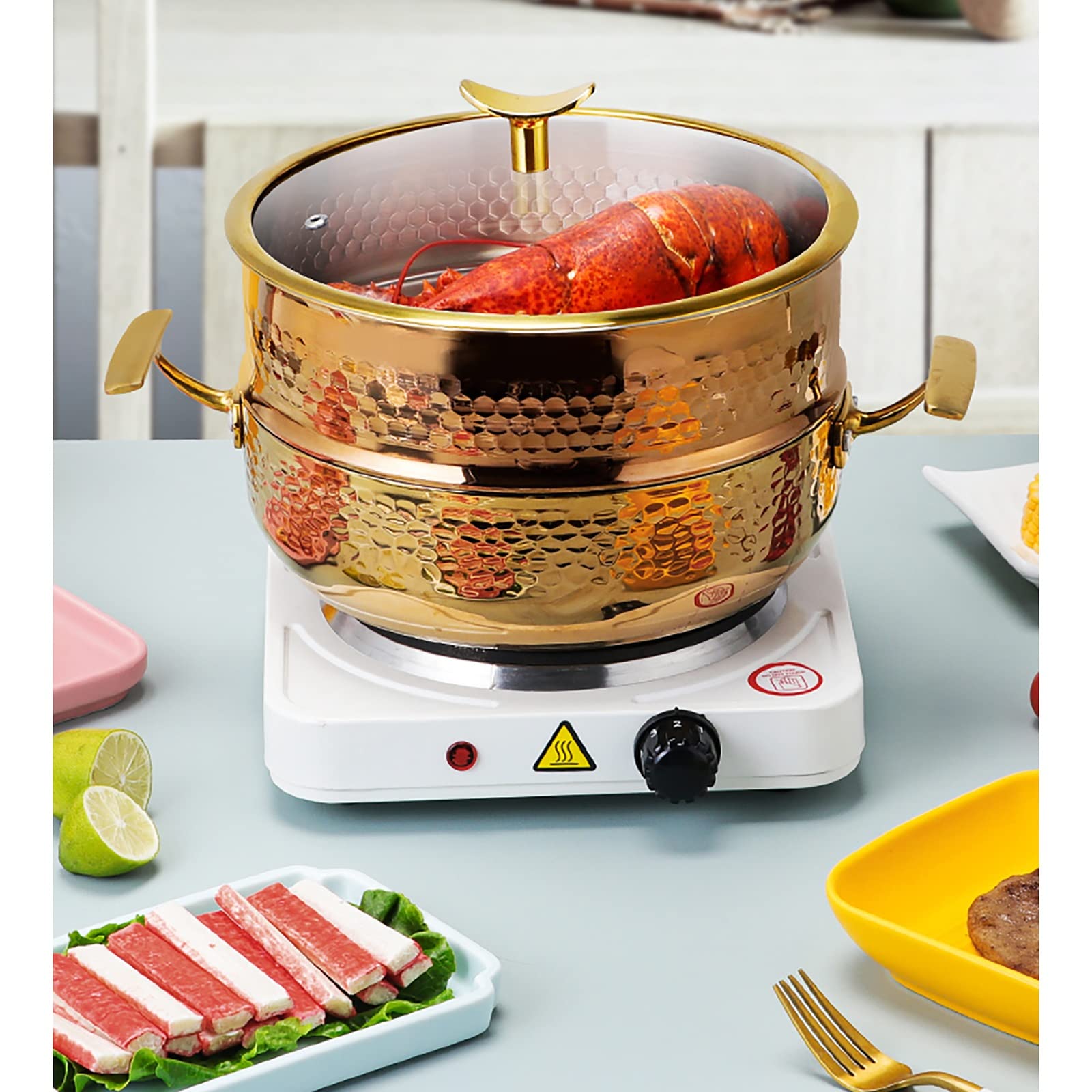 Garnek do gotowania na parze ze stali nierdzewnej, Stal nierdzewna 304, supergrube 3-warstwowe dno garnka kompozytowe, bułki na parze, gotowany makaron(Gold,24cm)