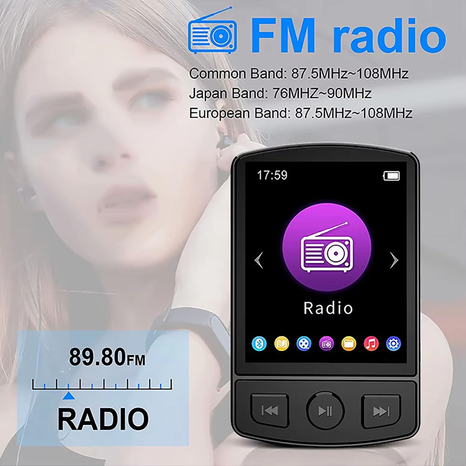 Reproductor MP3 de 32 GB con conexión inalámbrica, sonido Hi-Fi sin pérdidas, pantalla de 1,8" | Entretenimiento todo en uno (radio FM, grabación y eBook) | Batería de larga duración, clip deportivo
