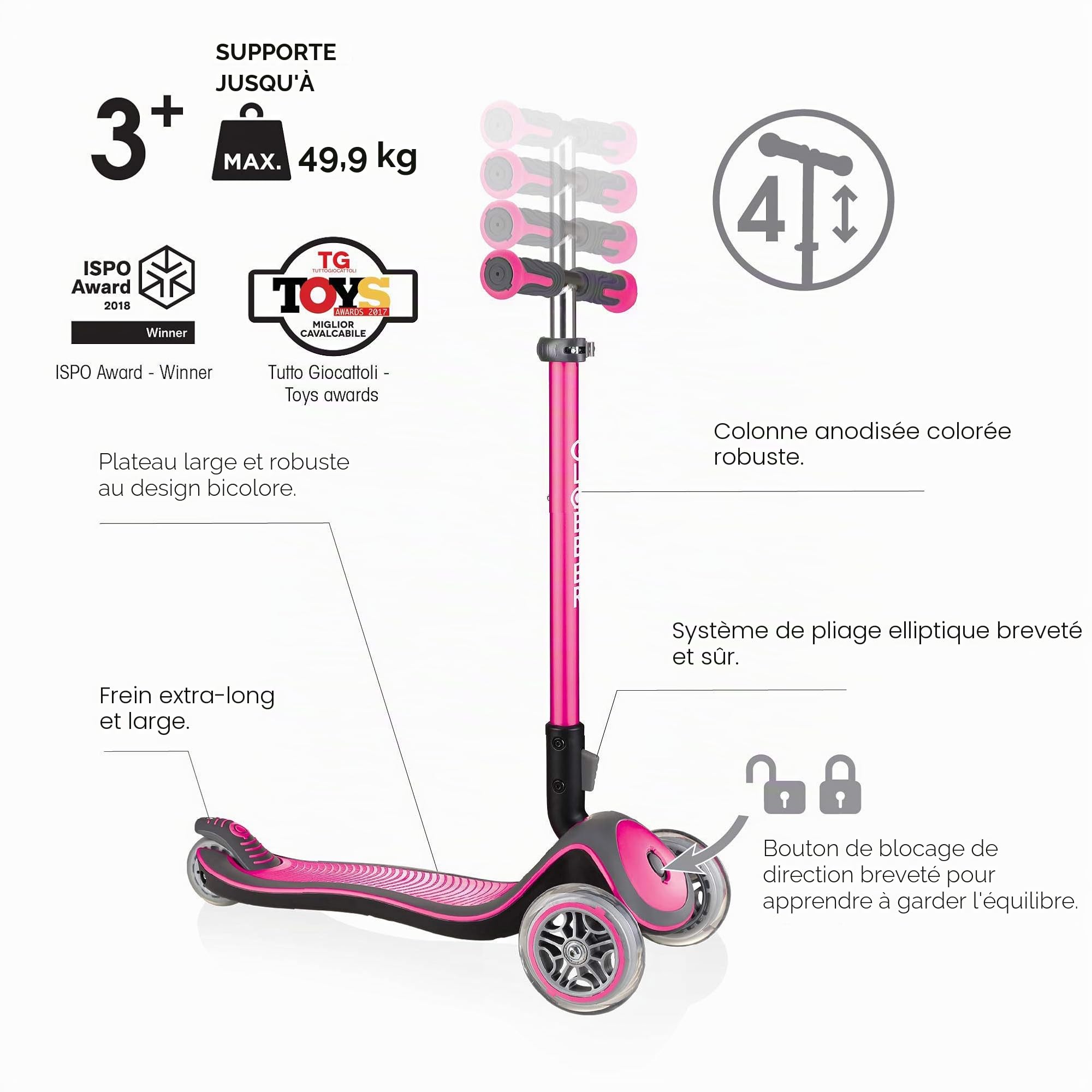 Globber - ELITE DELUXE LIGHTS - Trottinette pliable, lumineuse à 3 roues pour les enfants âgés de 3 à 6 ans +