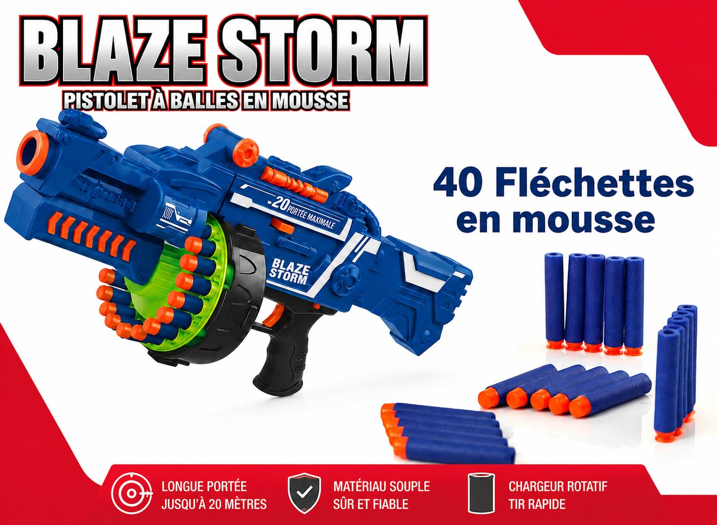 Elektryczny pistolet do zabawek Blaze Storm, 40 rzutek piankowych | Certyfikat CE, zasilanie 5 bateriami AA, automatyczna obrotowa strzelanka do celu, strzelanka