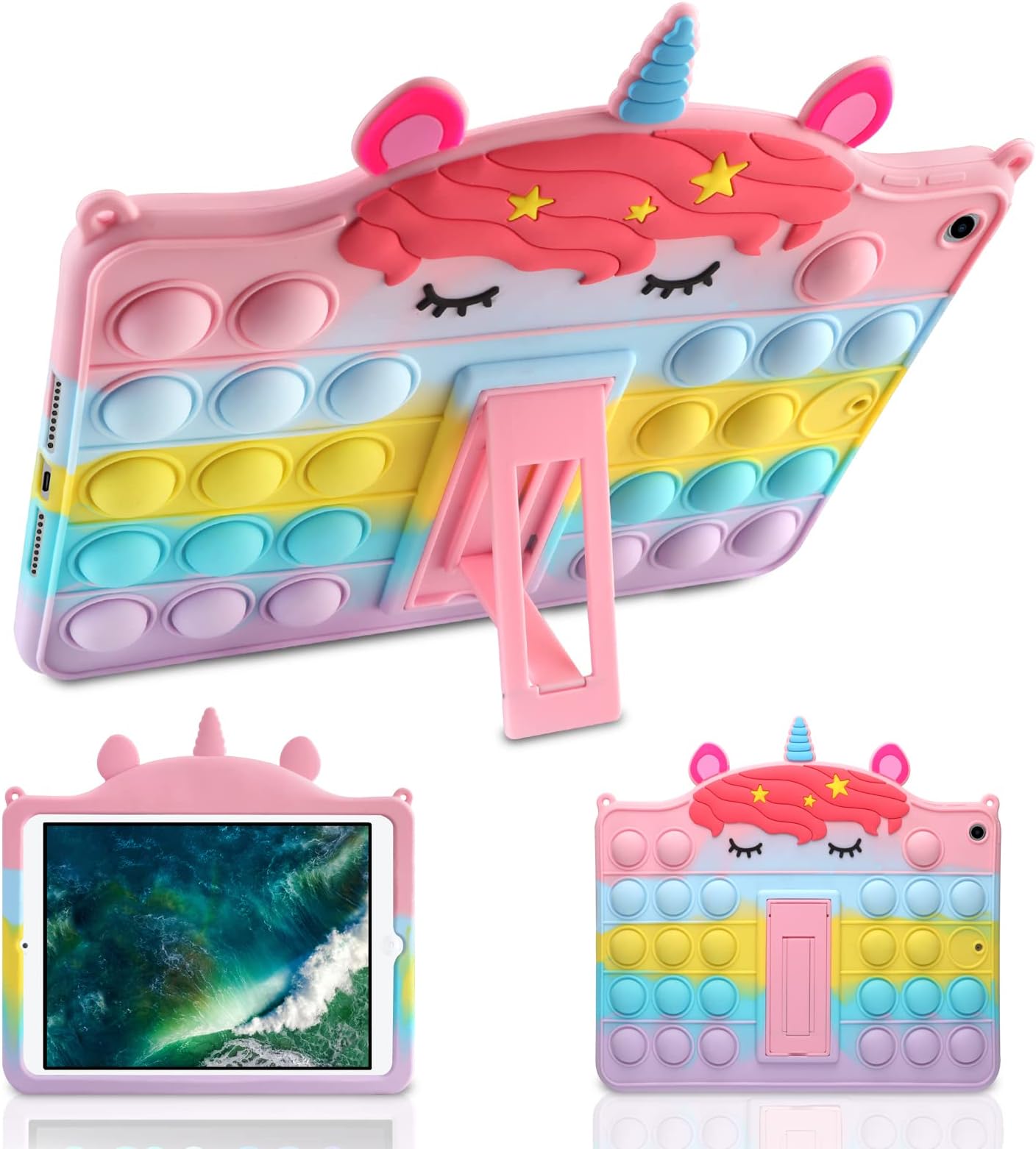 WESADN for iPad 10.2 Case for iPad 9th 8th 7th Generation Case with Kickstand Silicone Fidget Bubble Case for Girls Kids Cute Rainbow Pop Protective Holder Tablet Cover for iPad 2021 2020 2019