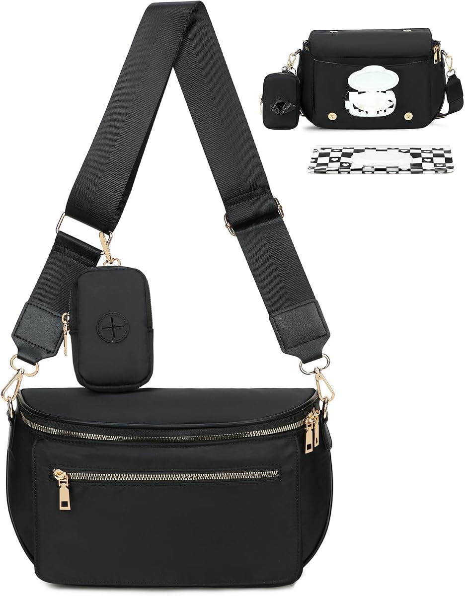 Small Diaper Bag Fanny Pack for Quick Outings, Crossbody Diaper Purse with Built-in Wipes Dispenser, Water-resistant Black Belt Bag for Moms Dads, 8L Expandable Capacity