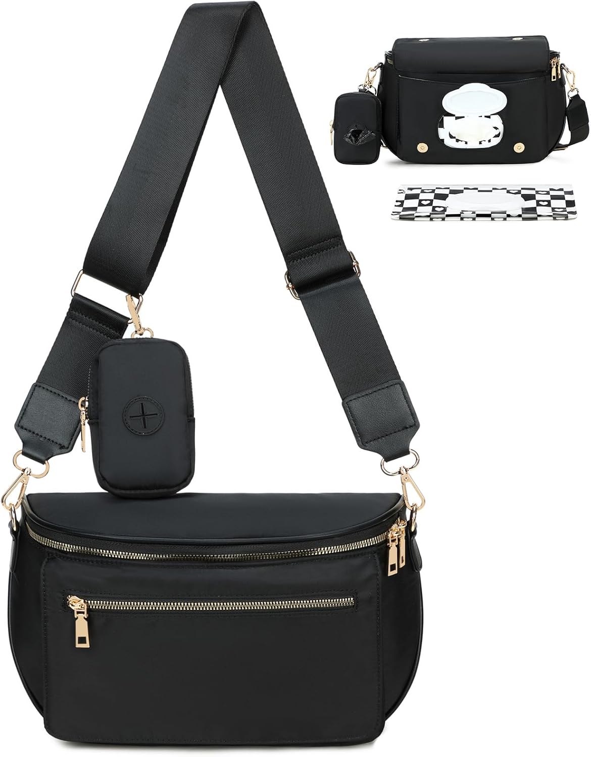 Eslcorri Small Diaper Bag Fanny Pack for Quick Outings, Crossbody Diaper Purse with Built-in Wipes Dispenser, Water-resistant Black Belt Bag for Moms Dads, 8L Expandable Capacity