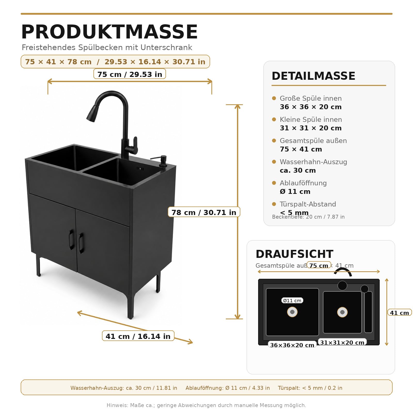 Spüle mit Unterschrank 75 x 41 x 78 cm Outdoor Küche | Küchenspüle mit ausziehbarem Wasserhahn, Spültisch freistehend Edelstahl für Küche, Garten und Gastronomie