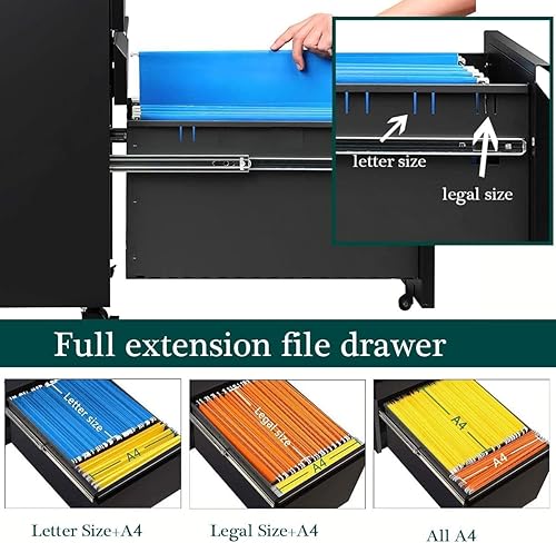Miniatura 5 de Archivador móvil de 3 cajones con cerradura, archivador de metal debajo del escritorio para archivo legalcartaA4, totalmente montado excepto ruedas