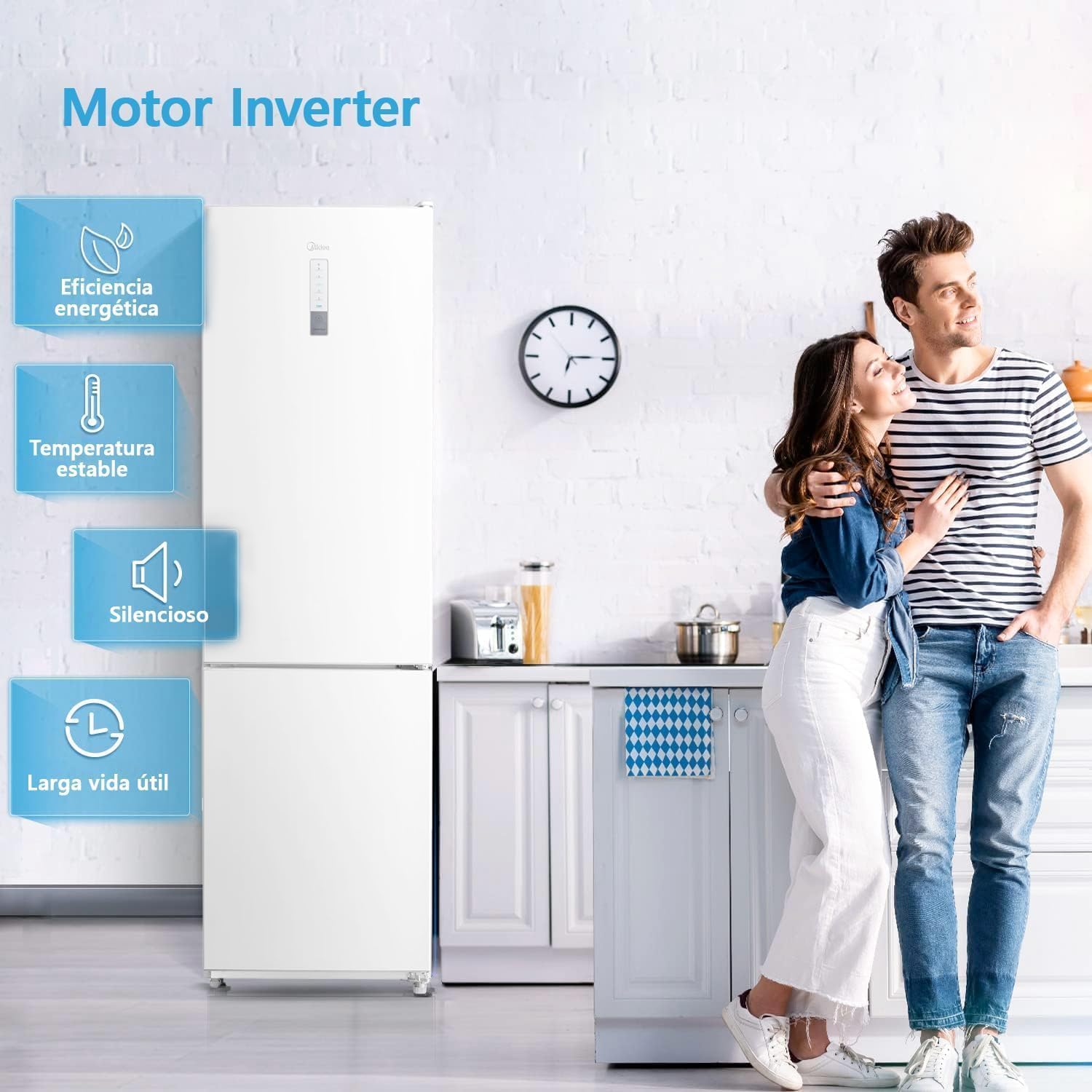 Midea Frigorífico Combi No Frost | 59,5 cm ancho x 188 alto cm | Blanco | Nevera combi libre instalación 224 L + 86 L Congelador - Refrigerador de bajo consumo con congelador vertical No Frost