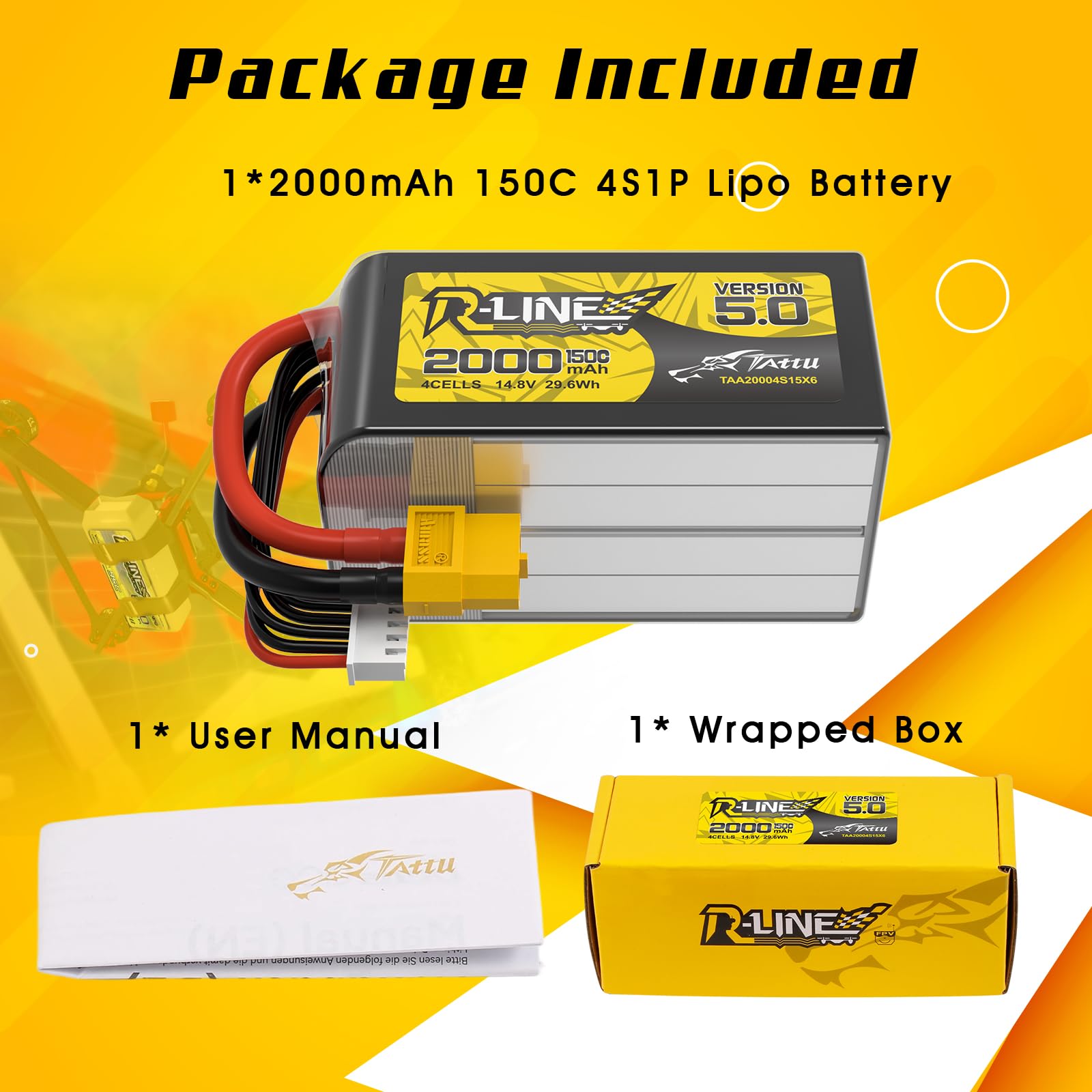 Tattu 4S LiPo Akku 2000mAh R-Line V5.0 14.8V 150C XT60 FPV Racing Car