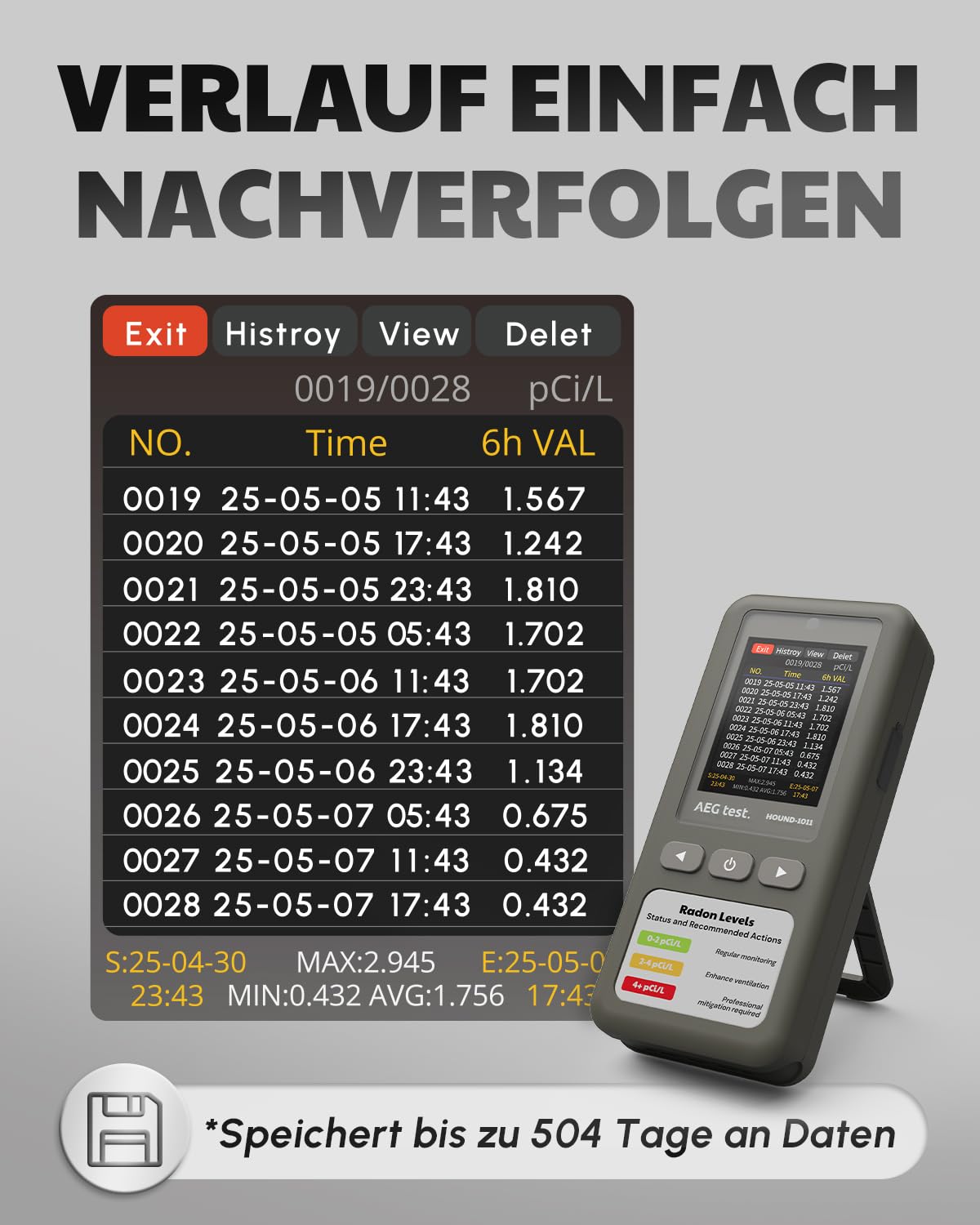 HOUND-1011 tragbarer Radon-Detektor für Zuhause, leicht, hochpräziser Sensor, 45 Tage Überwachung, einfach zu bedienen, Kurz- und Langzeitmessung in pCi/L oder Bq/m³, für Keller – Grau