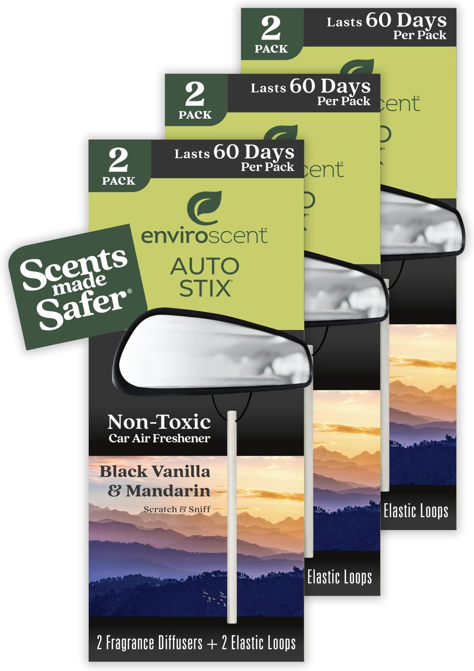 Enviroscent Non-Toxic* Car Air Freshener Auto Stix® - Scents Made Safer - Enjoy Fragrance Lasts Up to 180 Days - Includes Auto Stix® Diffusers & Elastic Loops - Black Vanilla & Mandarin (Pack of 3)