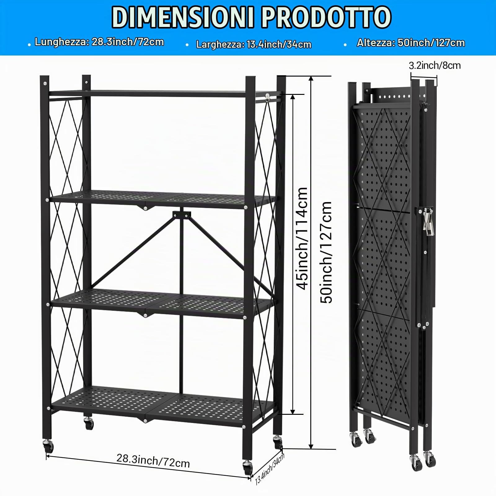 Pieghevole Scaffali in Metallo con Ruote,4 Piano Ripiano Scaffale con Ruote,Soggiorno con 4 Ripiani,gehören Camera da Letto,caffale Pieghevole,Mobili per Cucina