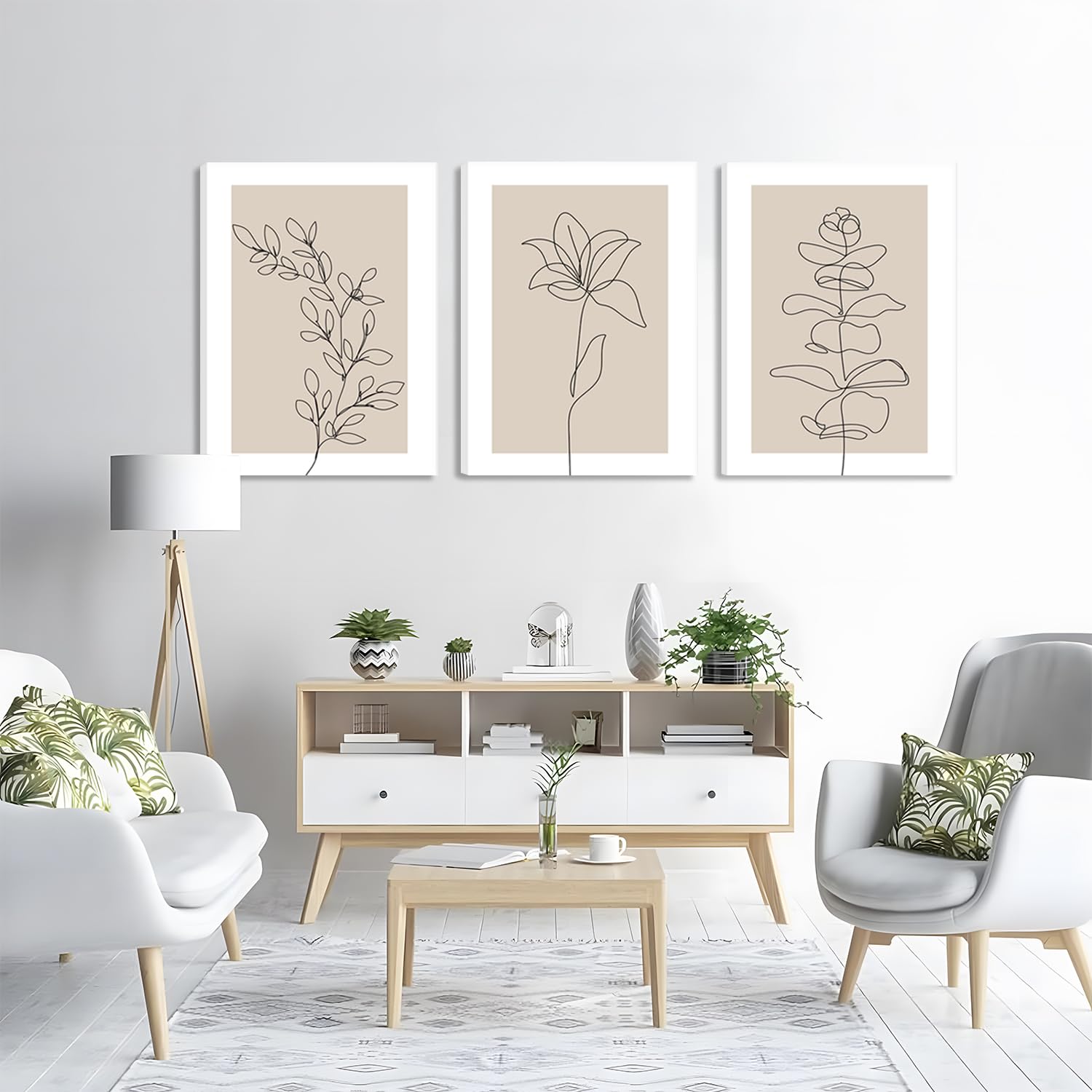HPNIUB Leinwand-Wandkunst-Set – 3 Botanische Vintage-Bilder, 16x61 Cm, Neutrale Blumenmotive Für Wohnzimmer & Schlafzimmer