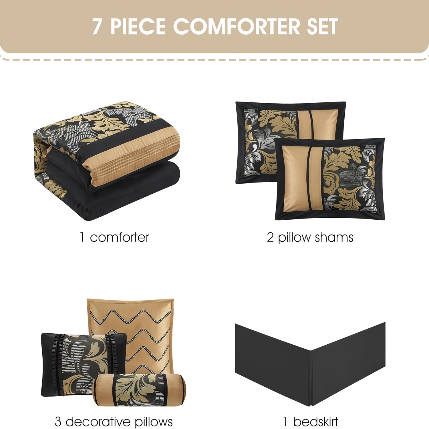 Grand Avenue Black and Gold Comforter Set California King Size, 7 Piece Jacquard Soft Bedding Set, All Season, Pillows & Shams, Home Decor