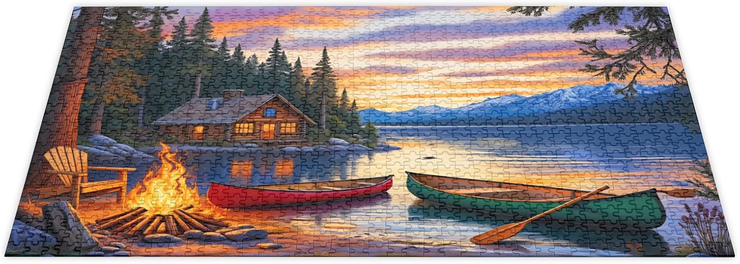 1000 Pieces Puzzle for Adults - Lake Scene Jigsaw Puzzles - Sunset Campfire Challenging Puzzle for Family Game - Unique Gift for Puzzle Enthusiasts & Home Decor - 20.5 X 15 in