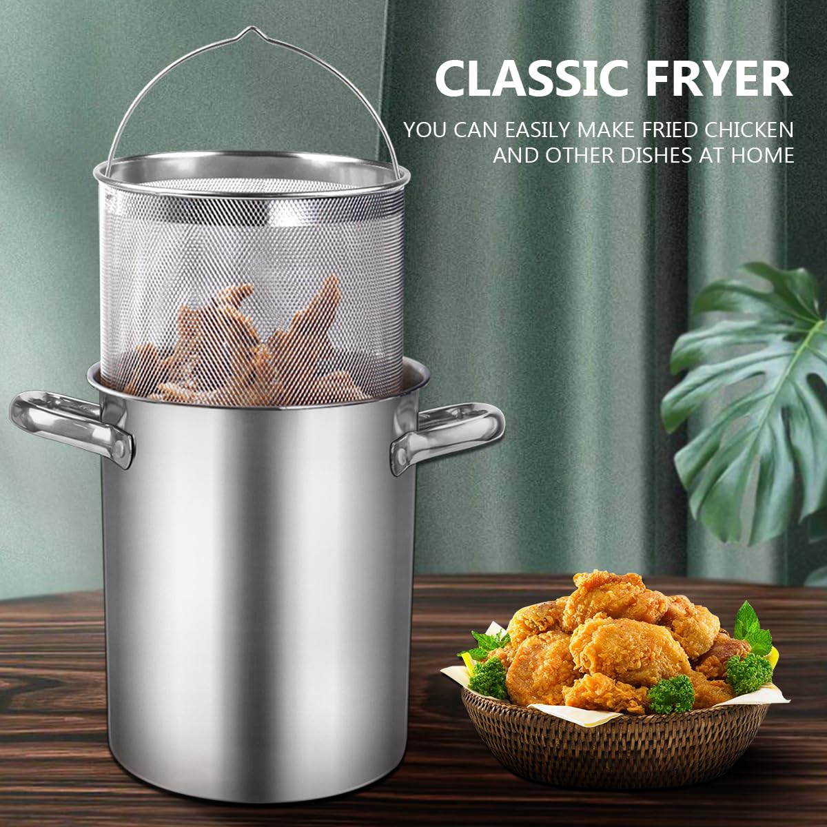 Freidora con tapa y cesta – Vaporizador de espárragos de acero inoxidable 2 en 1 olla con vapor de malla para papas fritas, pollo, cocinar verduras 6