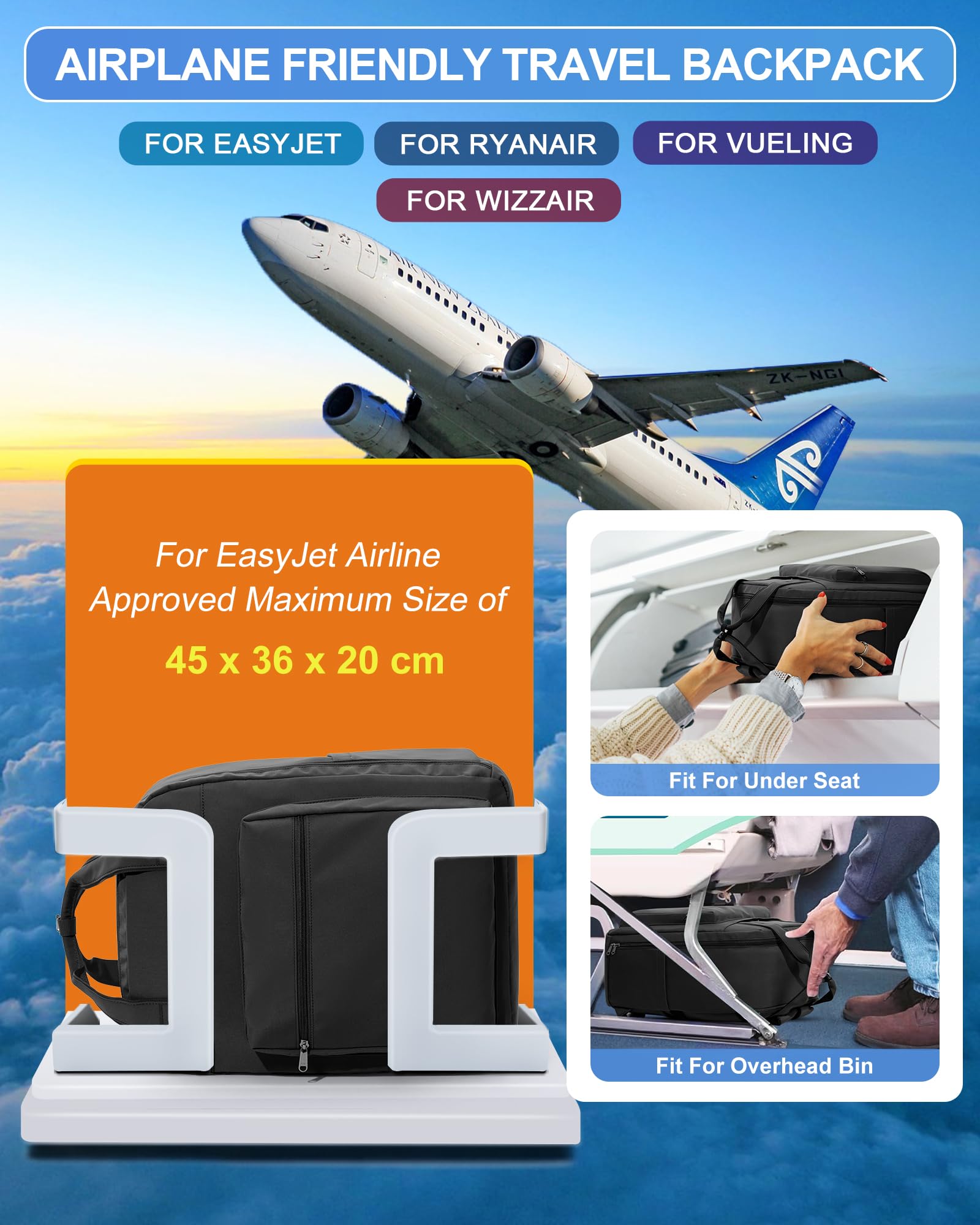 SZLX Zaino Ryanair 40x30x20 Sottovuoto con Pompa Zaino Ryanair 40x20x25 Donna Zaino da Viaggio Wizzair Bagaglio a Mano Uomo per Laptop da 14 Pollici Borse da Cabina 45x36x20 Easyjet con Porta Scarpe
