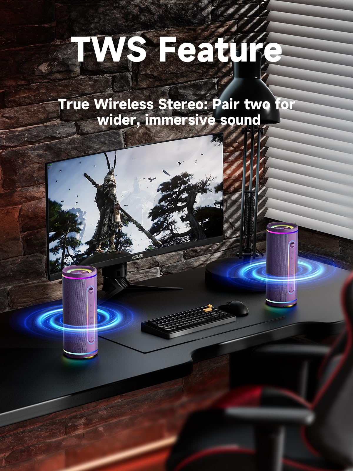 MLOVE E80 Portable Speakers Bluetooth Wireless with IPX7 Waterproof, Led Lights, Aux Input, Micro SD Card Slot, TWS, Bass Boost - Blue & Purple 4