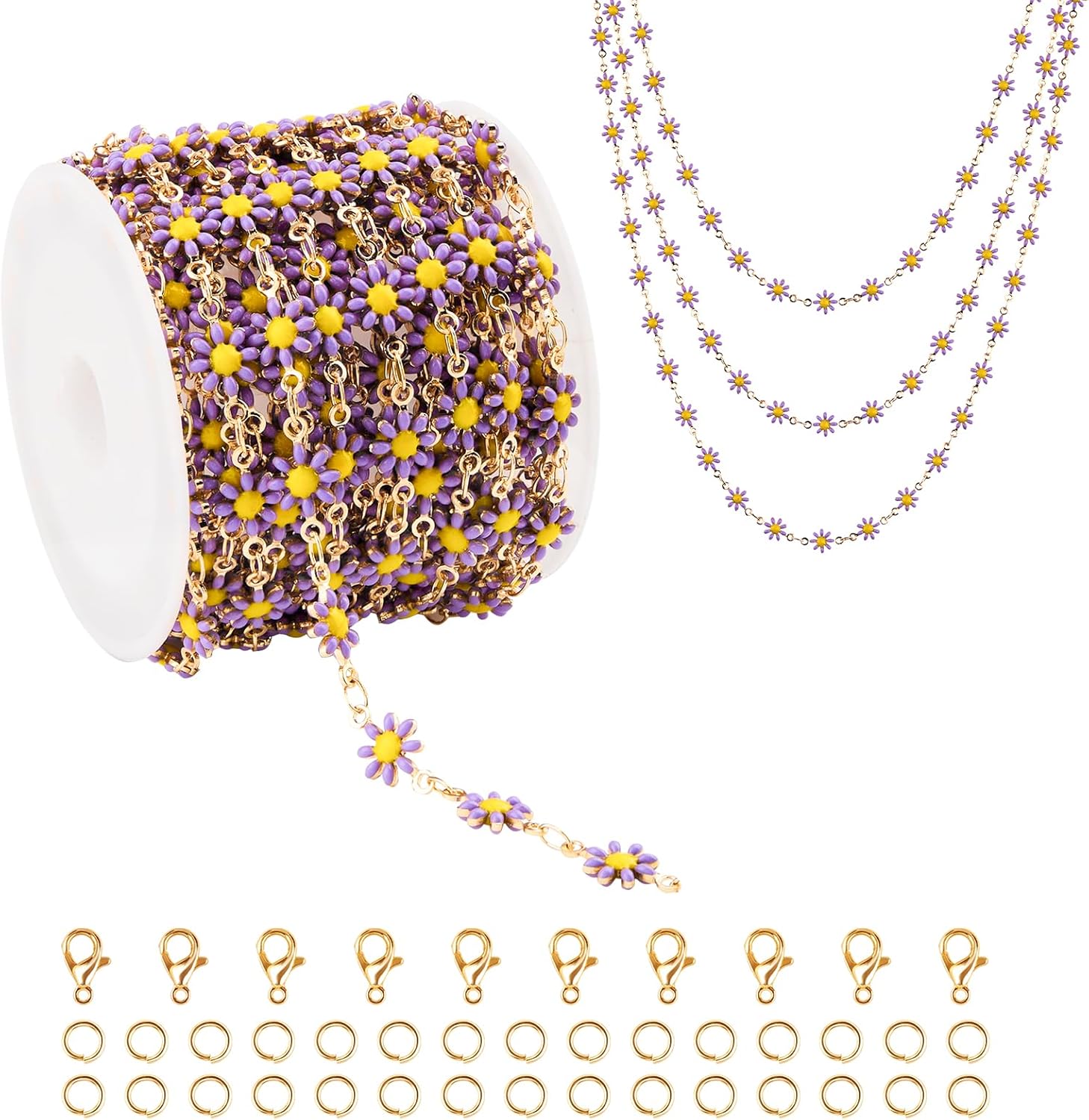 YOUBEIYEE 16.4 Feet Gold Plated Chain for Jewelry Making Purple Enamel Daisy Flower Chains Bulk with Jump Rings and Lobster Clasps