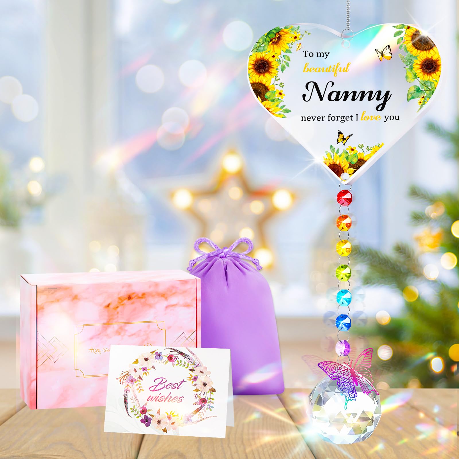 Focxoio Nanny Gifts, for Grandma from Grandchildren, Heart-Shaped Suncatcher Wind Chime Nana Gifts for Birthday, You Are My Sunshine Sunflower Presents for Grandma Nan Granny